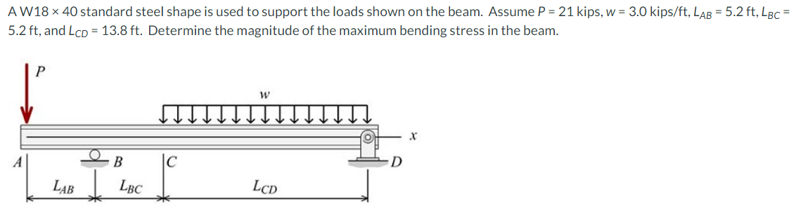 AW18 x 40 standard steel shape is used to support the loads shown on the beam. Assume P = 21 kips, w = 3.0 kips/ft, LAB = 5.2 ft, LBC =
5.2 ft, and LcD = 13.8 ft. Determine the magnitude of the maximum bending stress in the beam.
P
A
В
C
D
LAB
LBC
LCD
