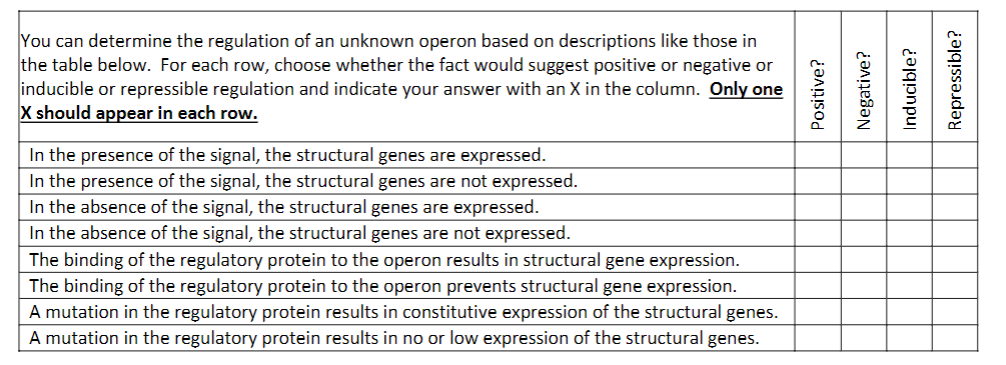 You can determine the regulation of an unknown operon based on descriptions like those in
the table below. For each row, choose whether the fact would suggest positive or negative or
inducible or repressible regulation and indicate your answer with an X in the column. Only one
X should appear in each row.
In the presence of the signal, the structural genes are expressed.
In the presence of the signal, the structural genes are not expressed.
In the absence of the signal, the structural genes are expressed.
In the absence of the signal, the structural genes are not expressed.
The binding of the regulatory protein to the operon results in structural gene expression.
The binding of the regulatory protein to the operon prevents structural gene expression.
A mutation in the regulatory protein results in constitutive expression of the structural genes.
A mutation in the regulatory protein results in no or low expression of the structural genes.
Positive?
Negative?
Inducible?
Repressible?
