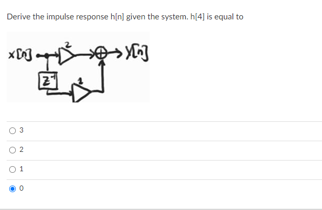 Derive the impulse response h[n] given the system. h[4] is equal to
2
