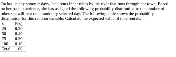 On hot, sunny summer days, Jane rents inner tubes by the river that runs through her town. Based
on her past experience, she has assigned the following probability distribution to the number of
tubes she will rent on a randomly selected day. The following table shows the probability
distribution for this random variable. Calculate the expected value of tube rentals.
P(x)
0.20
25
50
0.40
75
0.30
100
0.10
Total 1.00
