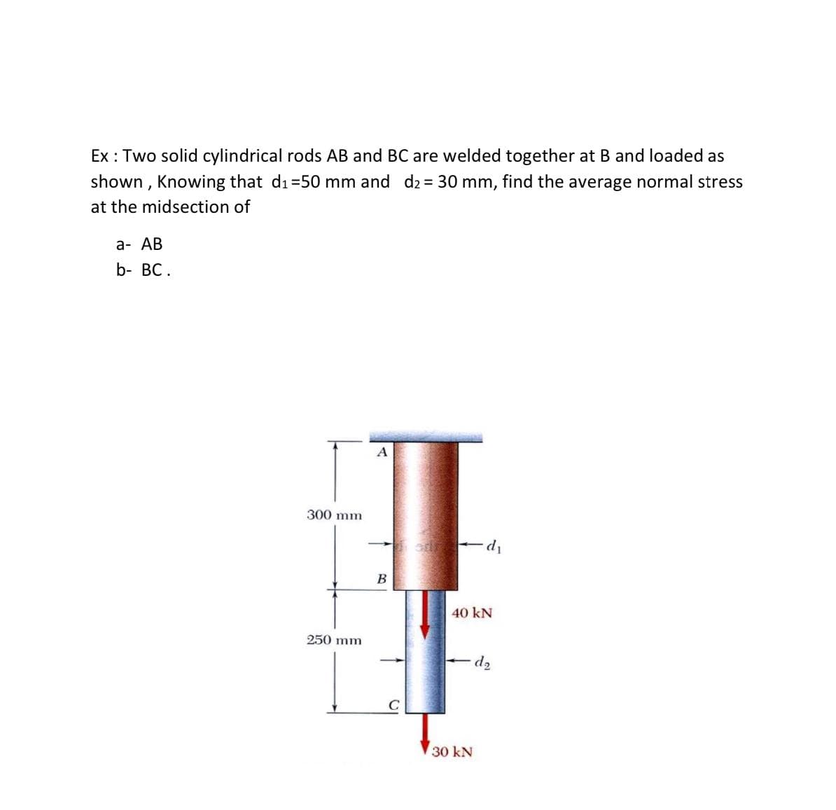 Ex : Two solid cylindrical rods AB and BC are welded together at B and loaded as
shown , Knowing that di=50 mm and d2 = 30 mm, find the average normal stress
at the midsection of
а- АВ
b- BC.
300 mm
- di
kN
250 mm
d2
30 kN
