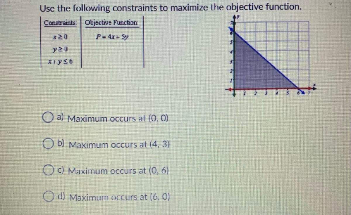 Use the following constraints to maximize the objective function.
Constraints: Objective Function:
x20
P-4x+5y
y20
x+y56
21
a) Maximum occurs at (0, 0)
O b) Maximum occurs at (4, 3)
O) Maximum occurs at (0, 6)
O d) Maximum occurs at (6, 0)
