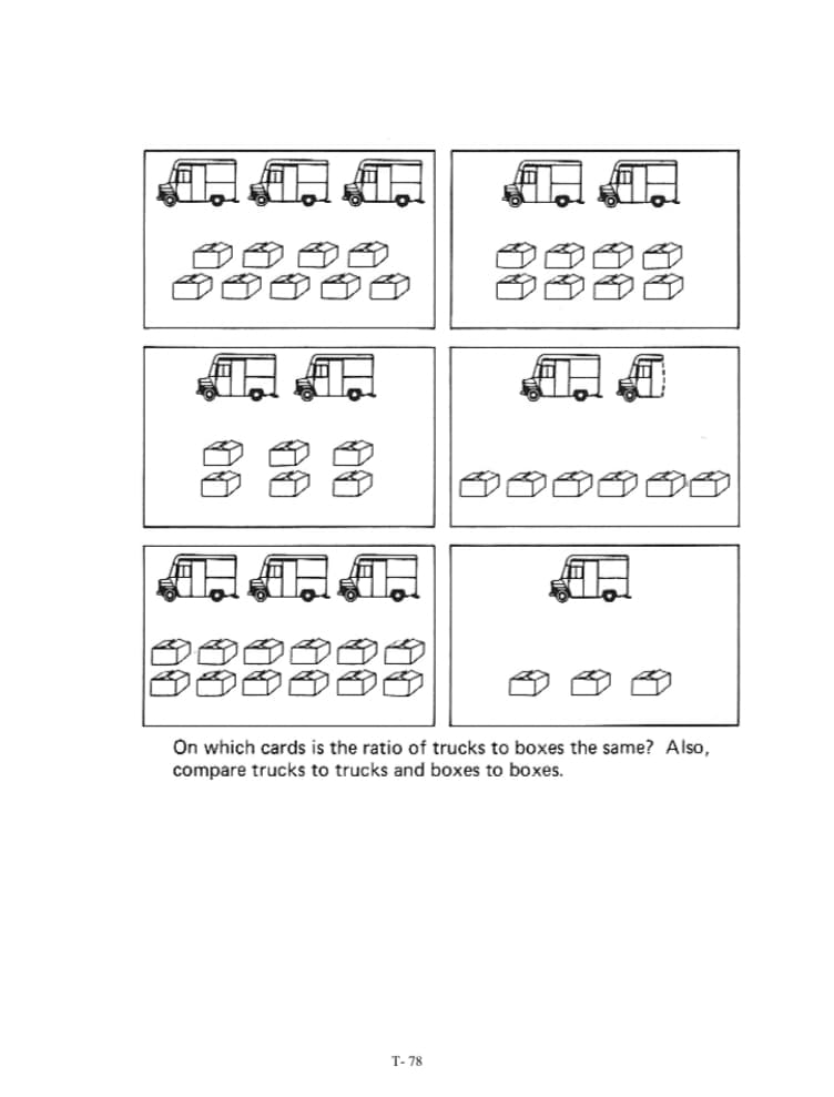 3333
1.4
On which cards is the ratio of trucks to boxes the same? Also,
compare trucks to trucks and boxes to boxes.
T- 78
