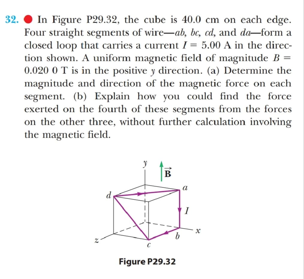 In Figure P29.32, the cube is 40.0 cm on each edge.
Four straight segments of wire-ab, bc, cd, and da-form a
closed loop that carries a current I = 5.00 A in the direc-
tion shown. A uniform magnetic field of magnitude B =
0.020 0 T is in the positive y direction. (a) Determine the
magnitude and direction of the magnetic force on each
segment. (b) Explain how you could find the force
exerted on the fourth of these segments from the forces
on the other three, without further calculation involving
the magnetic field.
32.
В
а
d
I
b
Figure P29.32
