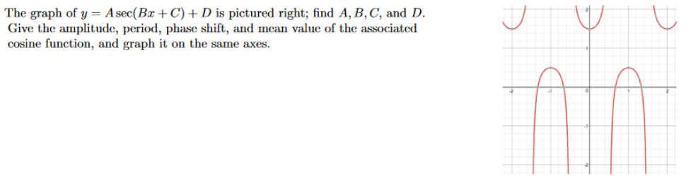 The graph of y = Asec(Bx + C) +D is pictured right; find A, B, C, and D.
Give the amplitude, period, phase shift, and mean value of the associated
cosine function, and graph it on the same axes.
