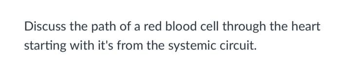 Discuss the path of a red blood cell through the heart
starting with it's from the systemic circuit.

