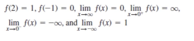 f(2) = 1, f(-1) = 0, lim f(x) = 0, lim f(x) = o0,
%3D
lim f(x) =
-00, and lim f(x) = 1
