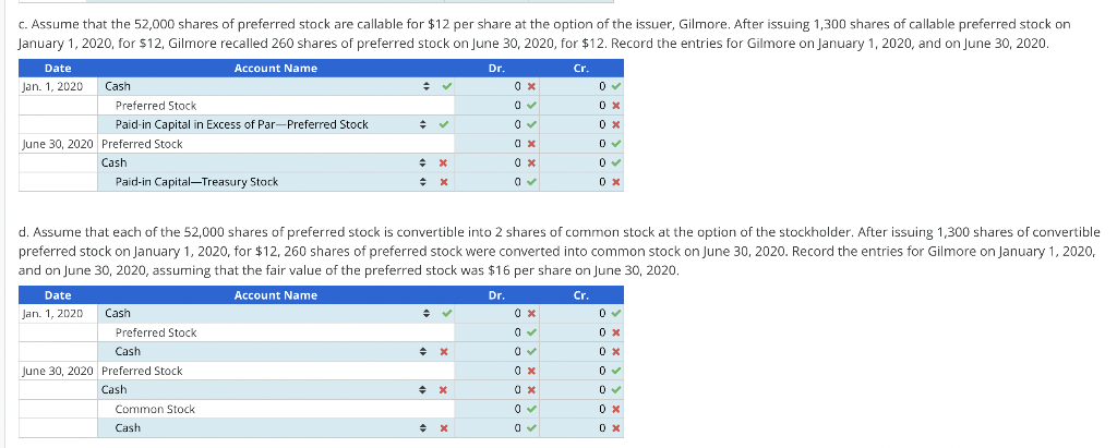 C. Assume that the 52,000 shares of preferred stock are callable for $12 per share at the option of the issuer, Gilmore. After issuing 1,300 shares of callable preferred stock on
January 1, 2020, for $12, Gilmore recalled 260 shares of preferred stock on June 30, 2020, for $12. Record the entries for Gilmore on January 1, 2020, and on June 30, 2020.
Date
Account Name
Dr.
Cr.
Jan. 1, 2020
Cash
Preferred Stock
Paid-in Capital in Excess of Par-Preferred Stock
June 30, 2020 Preferred Stock
Cash
Paid-in Capital-Treasury Stock
0 x
d. Assume that each of the 52,000 shares of preferred stock is convertible into 2 shares of common stock at the option of the stockholder. After issuing 1,300 shares of convertible
preferred stock on January 1, 2020, for $12, 260 shares of preferred stock were converted into common stock on June 30, 2020. Record the entries for Gilmore on January 1, 2020,
and on June 30, 2020, assuming that the fair value of the preferred stock was $16 per share on June 30, 2020.
Date
Account Name
Dr.
Cr.
Jan. 1, 2020
Cash
Preferred Stock
Cash
June 30, 2020 Preferred Stock
Cash
Common Stock
Cash
