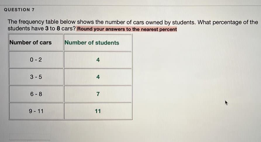 QUESTION 7
The frequency table below shows the number of cars owned by students. What percentage of the
students have 3 to 8 cars? Round your answers to the nearest percent
Number of cars
Number of students
0 - 2
4
3 -5
4
6 - 8
7
9 - 11
11
