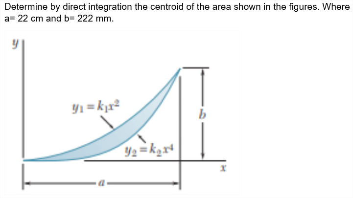 Determine by direct integration the centroid of the area shown in the figures. Where
a= 22 cm and b= 222 mm.
b
