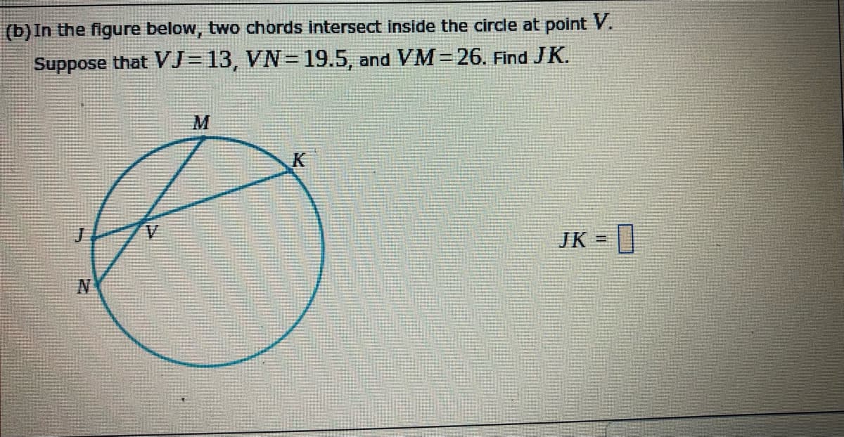 (b)In the figure below, two chords intersect inside the circle at point V.
Suppose that VJ= 13, VN= 19.5, and VM= 26. Find JK.
K
JK = |
