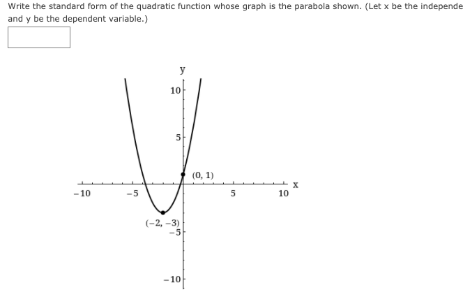 Write the standard form of the quadratic function whose graph is the parabola shown. (Let x be the independe
and y be the dependent variable.)
y
10
5
(0, 1)
X
10
- 10
-5
(-2, –3)
-5
-10
