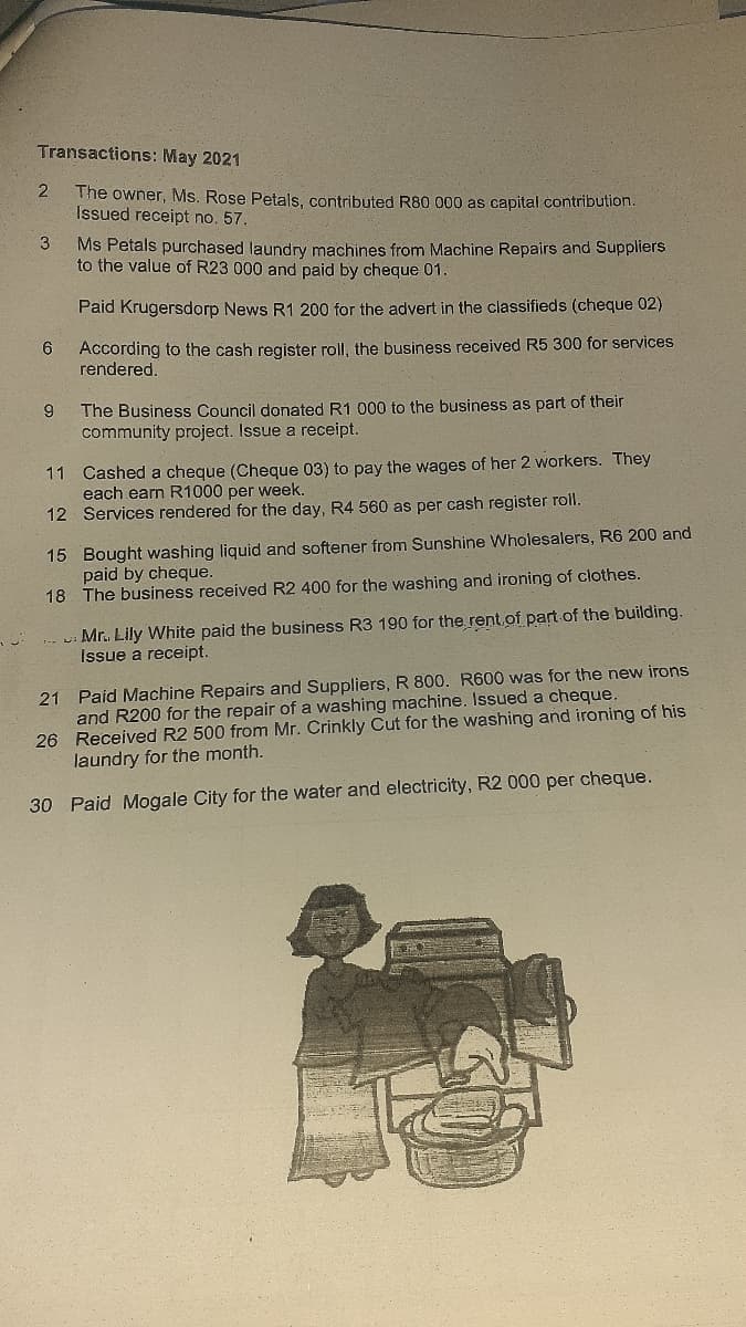 Transactions: May 2021
The owner, Ms. Rose Petals, contributed R80 000 as capital contribution.
Issued receipt no. 57.
3
Ms Petals purchased laundry machines from Machine Repairs and Suppliers
to the value of R23 000 and paid by cheque 01.
Paid Krugersdorp News R1 200 for the advert in the classifieds (cheque 02)
6.
According to the cash register roll, the business received R5 300 for services
rendered.
The Business Council donated R1 000 to the business as part of their
community project. Issue a receipt.
11 Cashed a cheque (Cheque 03) to pay the wages of her 2 workers. They
each earn R1000 per week.
12 Services rendered for the day, R4 560 as per cash register roll.
15 Bought washing liquid and softener from Sunshine Wholesalers, R6 200 and
paid by cheque.
18 The business received R2 400 for the washing and ironing of clothes.
. Mr. Lily White paid the business R3 190 for the rent.of part of the building.
Issue a receipt.
and R200 for the repair of a washing machine. Issued a cheque
26 Received R2 500 from Mr. Crinkly Cut for the washing and ironing of his
laundry for the month.
21
Paid Machine Repairs and Suppliers, R 800. R600 was for the new irons
30 Paid Mogale City for the water and electricity, R2 000 per cheque.
