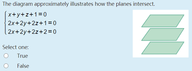 The diagram approximately illustrates how the planes intersect.
x+y+z+1=0
2x+2y+2z+1= 0
2x+2y+2z+2=0
Select one:
True
False
