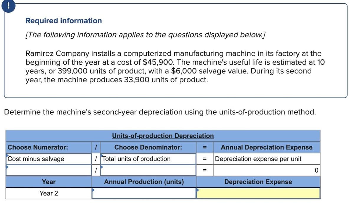 Required information
[The following information applies to the questions displayed below.]
Ramirez Company installs a computerized manufacturing machine in its factory at the
beginning of the year at a cost of $45,900. The machine's useful life is estimated at 10
years, or 399,000 units of product, with a $6,000 salvage value. During its second
year, the machine produces 33,900 units of product.
Determine the machine's second-year depreciation using the units-of-production method.
Choose Numerator:
Units-of-production Depreciation
Choose Denominator:
Cost minus salvage
7 Total units of production
Year
Year 2
Annual Production (units)
=
Annual Depreciation Expense
= Depreciation expense per unit
=
Depreciation Expense
0