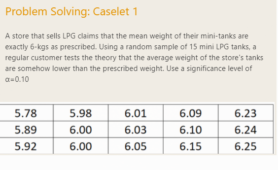 Problem Solving: Caselet 1
A store that sells LPG claims that the mean weight of their mini-tanks are
exactly 6-kgs as prescribed. Using a random sample of 15 mini LPG tanks, a
regular customer tests the theory that the average weight of the store's tanks
are somehow lower than the prescribed weight. Use a significance level of
a=0.10
5.78
5.98
6.01
6.09
6.23
5.89
6.00
6.03
6.10
6.24
5.92
6.00
6.05
6.15
6.25
