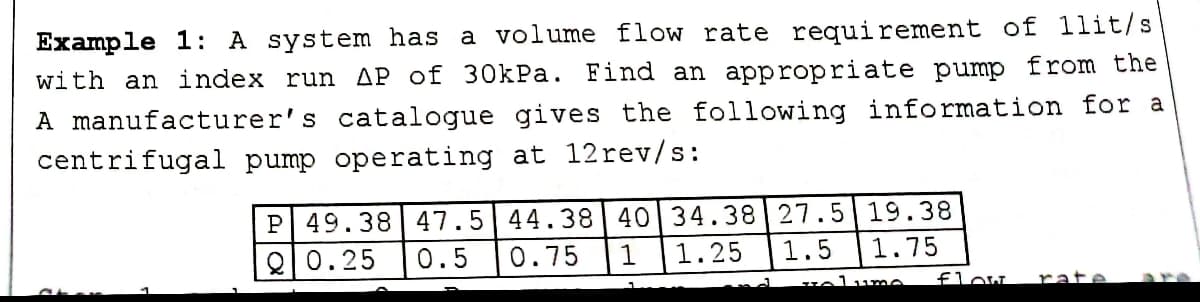 Example 1: A system has a volume flow rate requirement of 1lit/s
with an index run AP of 30kPa. Find an appropriate pump from the
A manufacturer's catalogue gives the following information for a
centrifugal pump operating at 12rev/s:
P| 49.38 47.5| 44.38 40 34.38 27.5 19.38
Q|0.25
0.5
0.75
1.25
1.5
1.75
yelume
flow
rate
