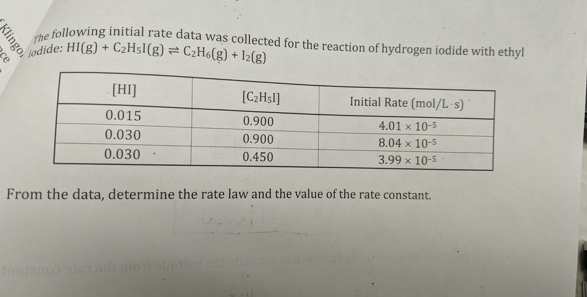 The following initial rate data was collected for the reaction of hydrogen iodide with ethyl
ndide: HI(g) + C2H5I(g) = C2H6(g) + I2(g)
[HI]
[C2H5I]
Initial Rate (mol/L-s)´
0.015
0.900
4.01 x 10-5
0.030
0.900
8.04 x 10-5
0.030
0.450
3.99 x 10-5
From the data, determine the rate law and the value of the rate constant.
Klingo.
