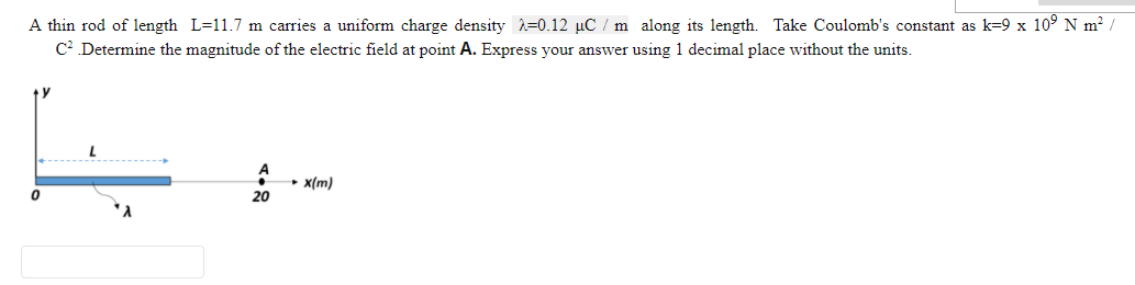 A thin rod of length L=11.7 m carries a uniform charge density 2=0.12 µC / m along its length. Take Coulomb's constant as k=9 x 10° N m² /
C Determine the magnitude of the electric field at point A. Express your answer using 1 decimal place without the units.
A
• x(m)
20
