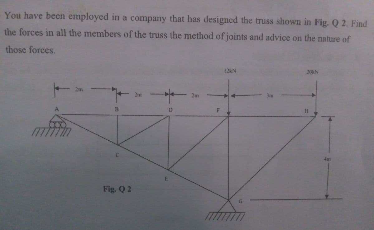 You have been employed in a company that has designed the truss shown in Fig. Q 2. Find
the forces in all the members of the truss the method of joints and advice on the nature of
those forces.
12KN
20KN
2m
2m
2m
3m
4m
Fig. Q 2
