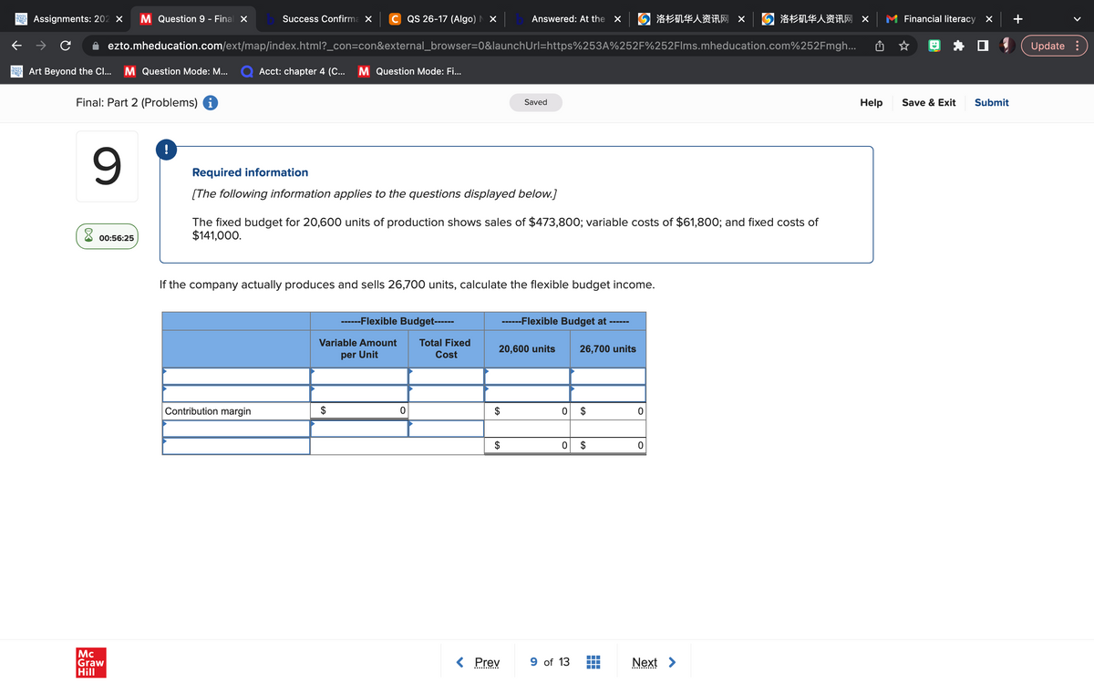 Assignments: 202 × M Question 9 - Final X b Success Confirma X
MONK Art Beyond the CI... M Question Mode: M...
Final: Part 2 (Problems) i
9
00:56:25
Mc
Graw
Hill
ezto.mheducation.com/ext/map/index.html?_con=con&external_browser=0&launchUrl=https%253A%252F%252Flms.mheducation.com%252Fmgh...
!
QS 26-17 (Algo) X
Acct: chapter 4 (C... M Question Mode: Fi...
Contribution margin
Required information
[The following information applies to the questions displayed below.]
If the company actually produces and sells 26,700 units, calculate the flexible budget income.
-----Flexible Budget------
Variable Amount
per Unit
The fixed budget for 20,600 units of production shows sales of $473,800; variable costs of $61,800; and fixed costs of
$141,000.
0
Answered: At the X
Total Fixed
Cost
Saved
$
< Prev
20,600 units
------Flexible Budget at
26,700 units
0 $
0 $
9 of 13
+
洛杉矶华人资讯网×
0
0
洛杉矶华人资讯网×
Next >
Help
Financial literacy X
Save & Exit Submit
Update :