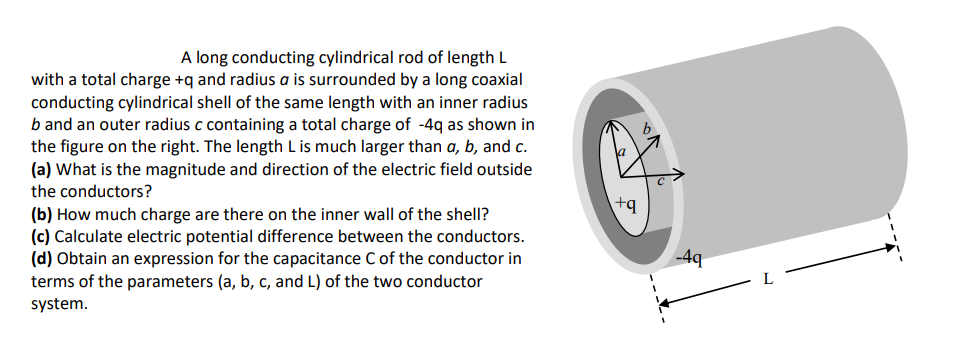 A long conducting cylindrical rod of length L
with a total charge +q and radius a is surrounded by a long coaxial
conducting cylindrical shell of the same length with an inner radius
b and an outer radius c containing a total charge of -4q as shown in
the figure on the right. The length L is much larger than a, b, and c.
(a) What is the magnitude and direction of the electric field outside
the conductors?
(b) How much charge are there on the inner wall of the shell?
(c) Calculate electric potential difference between the conductors.
(d) Obtain an expression for the capacitance C of the conductor in
terms of the parameters (a, b, c, and L) of the two conductor
system.
