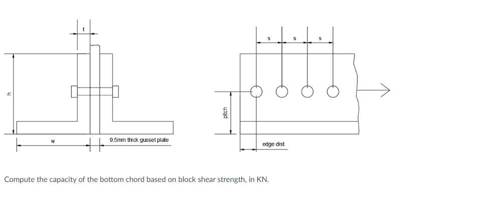 t
->
9.5mm thick gusset plate
edge dist.
Compute the capacity of the bottom chord based on block shear strength, in KN.
