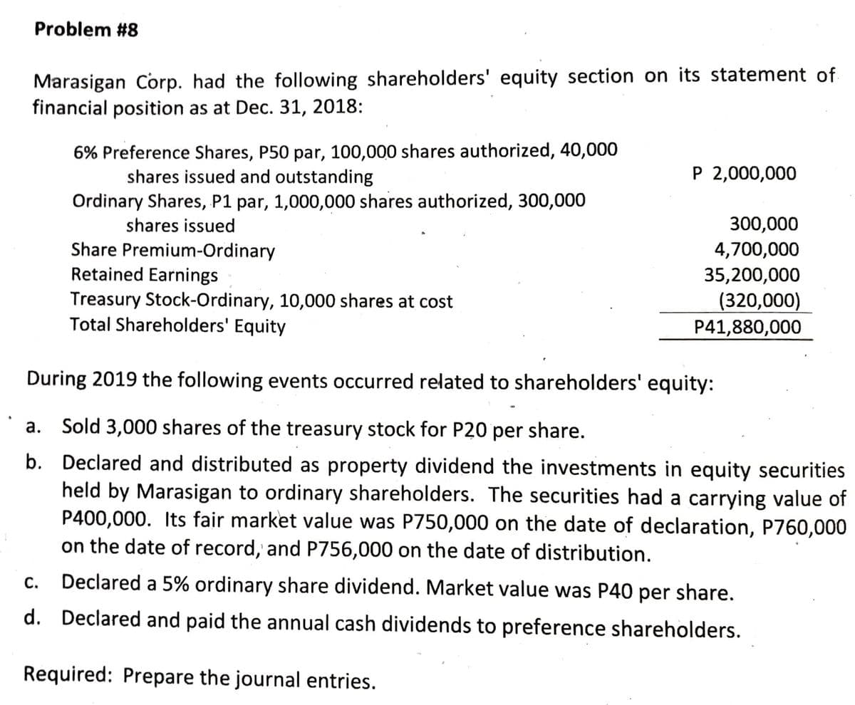 Problem #8
Marasigan Corp. had the following shareholders' equity section on its statement of
financial position as at Dec. 31, 2018:
6% Preference Shares, P50 par, 100,000 shares authorized, 40,000
shares issued and outstanding
P 2,000,000
Ordinary Shares, P1 par, 1,000,000 shares authorized, 300,000
shares issued
300,000
Share Premium-Ordinary
Retained Earnings
4,700,000
35,200,000
Treasury Stock-Ordinary, 10,000 shares at cost
Total Shareholders' Equity
(320,000)
P41,880,000
During 2019 the following events occurred related to shareholders' equity:
a. Sold 3,000 shares of the treasury stock for P20 per share.
b. Declared and distributed as property dividend the investments in equity securities
held by Marasigan to ordinary shareholders. The securities had a carrying value of
P400,000. Its fair market value was P750,000 on the date of declaration, P760,000
on the date of record, and P756,000 on the date of distribution.
С.
Declared a 5% ordinary share dividend. Market value was P40 per share.
d. Declared and paid the annual cash dividends to preference shareholders.
Required: Prepare the journal entries.
