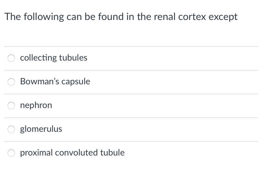 The following can be found in the renal cortex except
collecting tubules
Bowman's capsule
nephron
glomerulus
proximal convoluted tubule