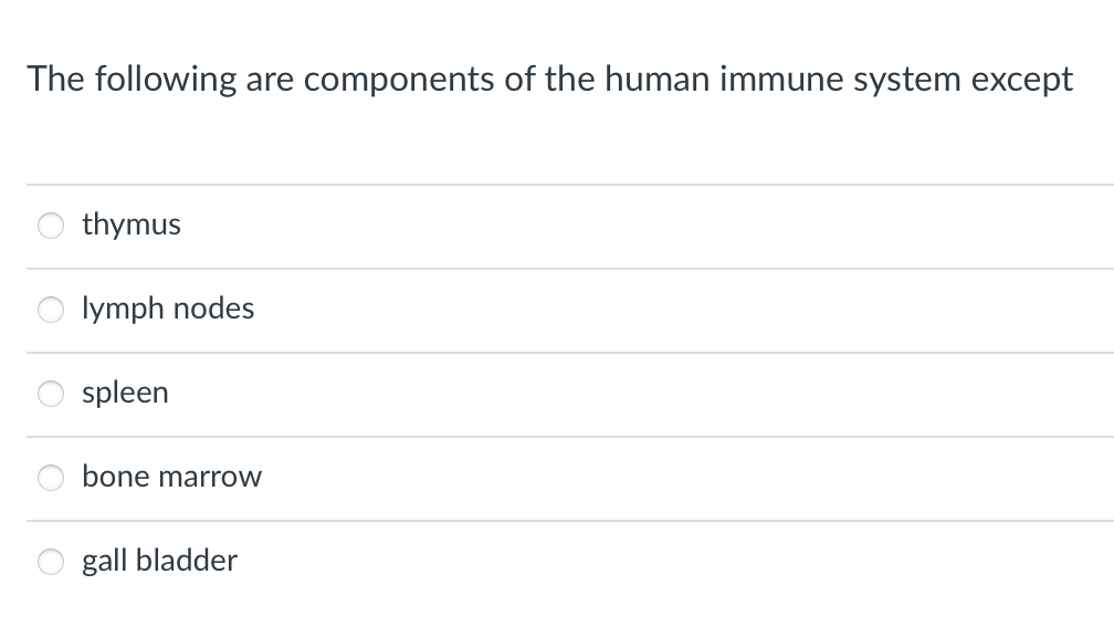 The following are components of the human immune system except
thymus
lymph nodes
spleen
bone marrow
gall bladder
