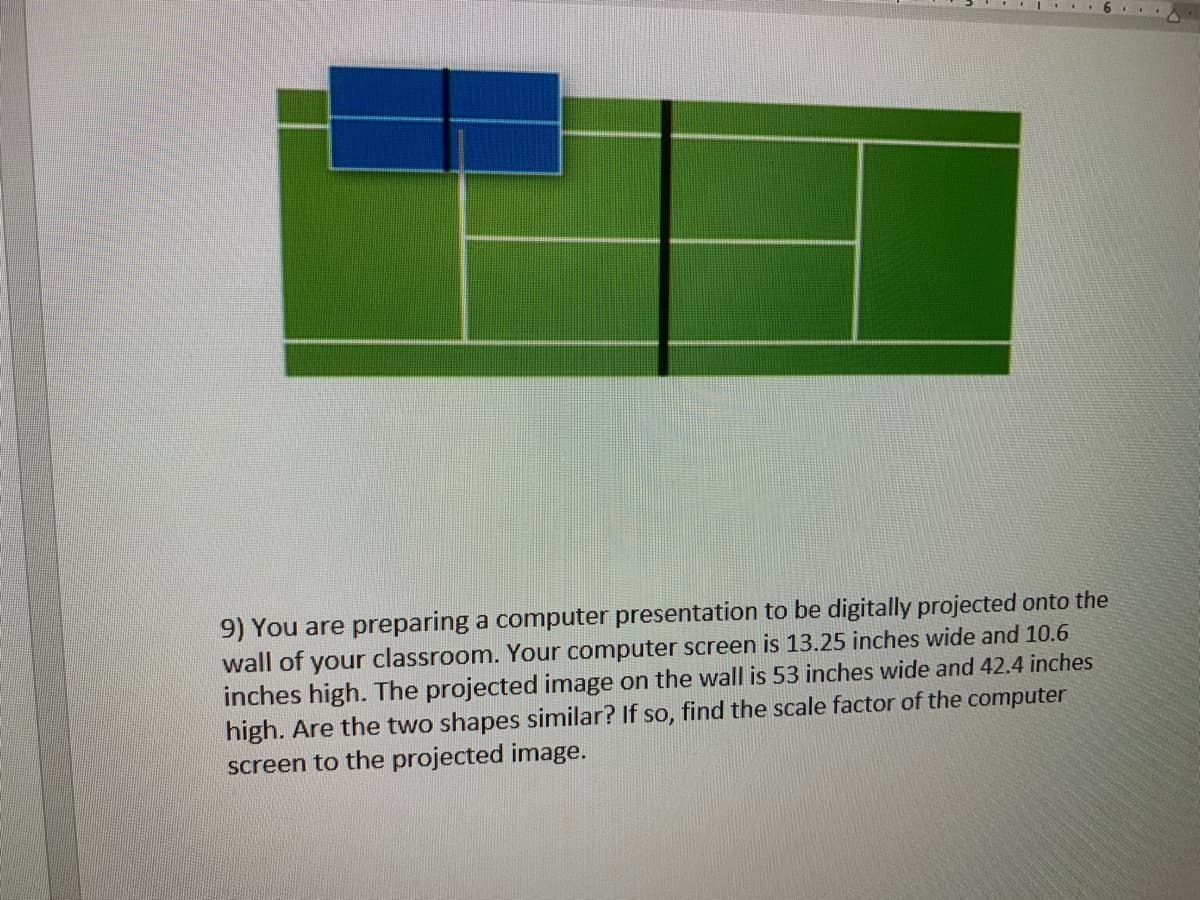 9) You are preparing a computer presentation to be digitally projected onto the
wall of your classroom. Your computer screen is 13.25 inches wide and 10.6
inches high. The projected image on the wall is 53 inches wide and 42.4 inches
high. Are the two shapes similar? If so, find the scale factor of the computer
screen to the projected image.
