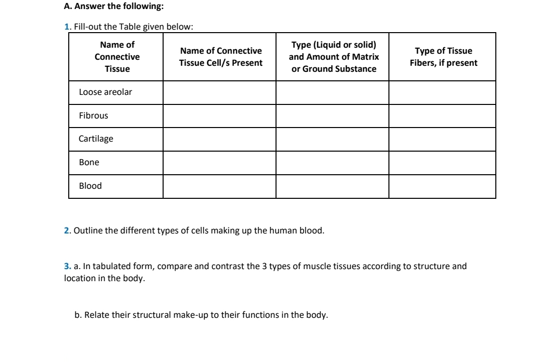 A. Answer the following:
1. Fill-out the Table given below:
Name of
Type (Liquid or solid)
Type of Tissue
Fibers, if present
Name of Connective
Connective
and Amount of Matrix
Tissue Cell/s Present
Tissue
or Ground Substance
Loose areolar
Fibrous
Cartilage
Bone
Blood
2. Outline the different types of cells making up the human blood.
3. a. In tabulated form, compare and contrast the 3 types of muscle tissues according to structure and
location in the body.
b. Relate their structural make-up to their functions in the body.
