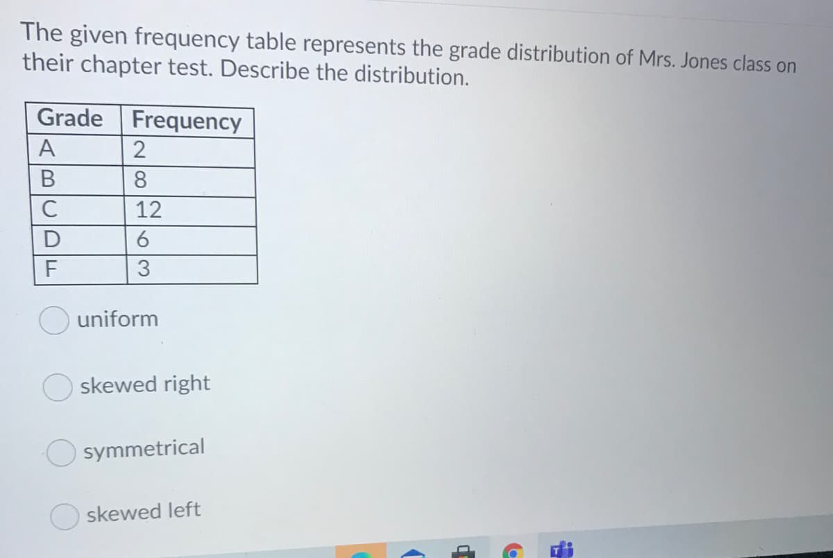 The given frequency table represents the grade distribution of Mrs. Jones class on
their chapter test. Describe the distribution.
Grade Frequency
A
2
В
8.
C
12
F
3
uniform
skewed right
symmetrical
skewed left
