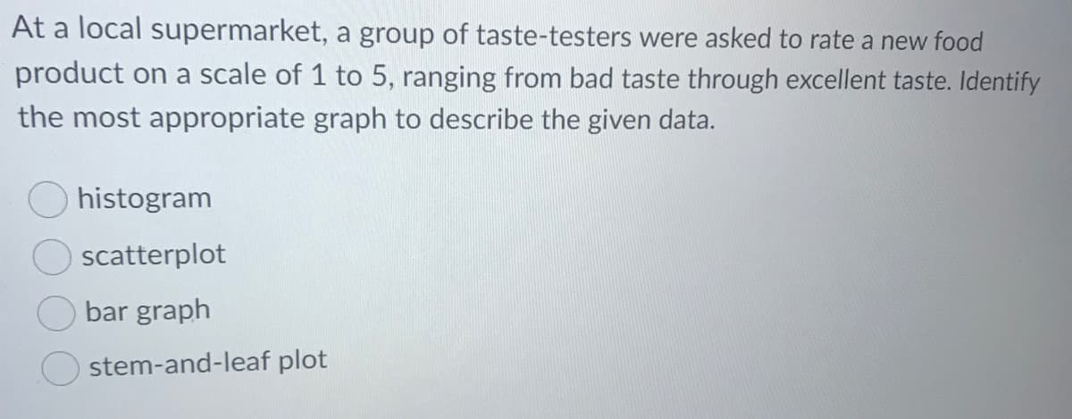 At a local supermarket, a group of taste-testers were asked to rate a new food
product on a scale of 1 to 5, ranging from bad taste through excellent taste. Identify
the most appropriate graph to describe the given data.
histogram
scatterplot
bar graph
stem-and-leaf plot
