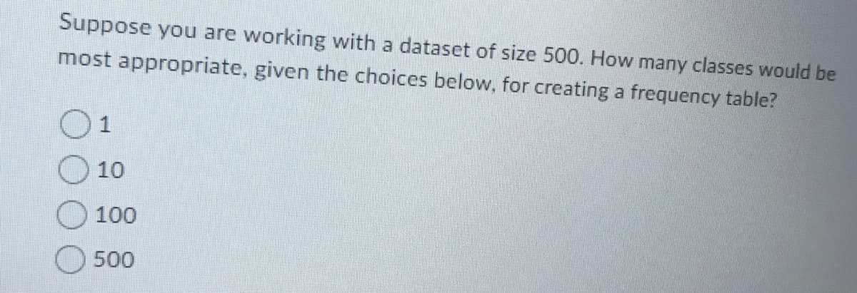 Suppose you are working with a dataset of size 500. How many classes would be
most appropriate, given the choices below, for creating a frequency table?
10
100
500
