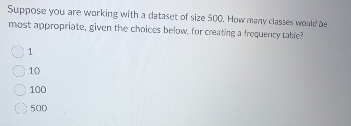 Suppose you are working with a dataset of size 500. How many classes would be
most appropriate, given the choices below, for creating a frequency table?
1
10
100
500
