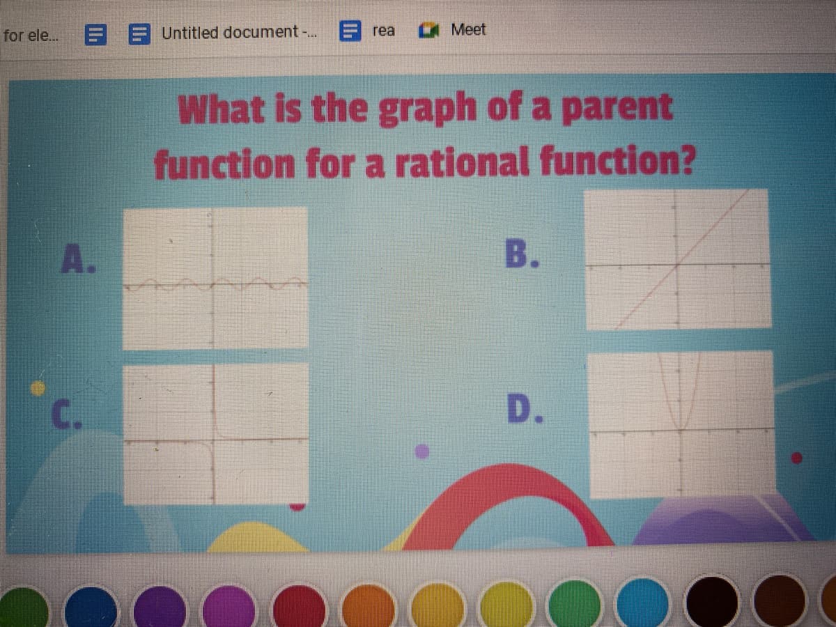rea
Lt Meet
Untitled document -..
for ele...
What is the graph of a parent
function for a rational function?
B.
A.
D.
C.
