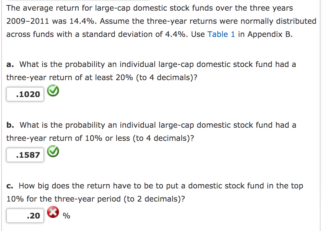 The average return for large-cap domestic stock funds over the three years
2009-2011 was 14.4%. Assume the three-year returns were normally distributed
across funds with a standard deviation of 4.4%. Use Table 1 in Appendix B.
a. What is the probability an individual large-cap domestic stock fund had a
three-year return of at least 20% (to 4 decimals)?
.1020
b. What is the probability an individual large-cap domestic stock fund had a
three-year return of 10% or less (to 4 decimals)?
.1587
c. How big does the return have to be to put a domestic stock fund in the top
10% for the three-year period (to 2 decimals)?
.20
%
