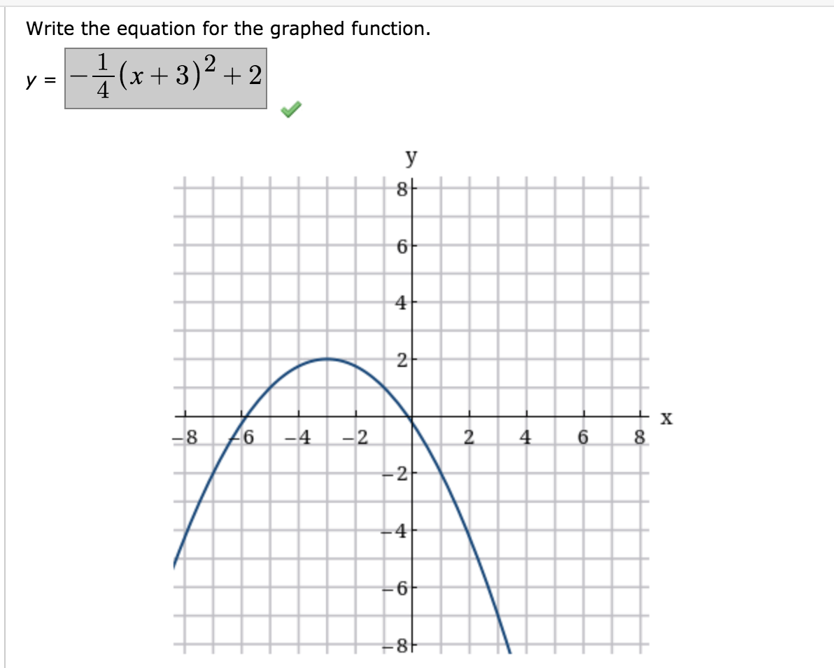 Write the equation for the graphed function.
1
곳(x+ 3)2 + 2
y =
4
y
8-
4
2
X
-8
-4
-2
2
4
6.
8.
4
69
2.

