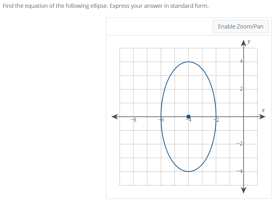 Find the equation of the following ellipse. Express your answer in standard form.
Enable Zoom/Pan
-8
-2
-4
4.
