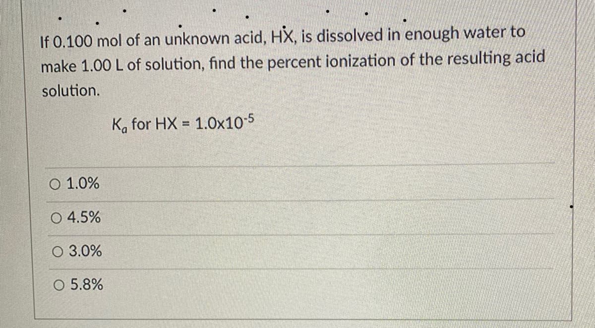 If 0.100 mol of an unknown acid, HX, is dissolved in enough water to
make 1.00 L of solution, find the percent ionization of the resulting acid
solution.
Ka for HX = 1.0x10-5
O 1.0%
O 4.5%
O 3.0%
O 5.8%
