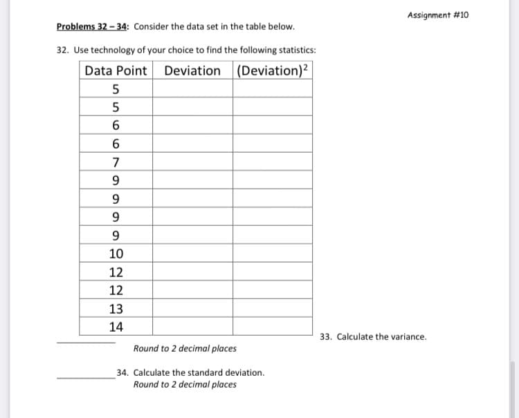 Assignment #10
Problems 32 – 34: Consider the data set in the table below.
32. Use technology of your choice to find the following statistics:
Data Point Deviation (Deviation)?
5
5
6
6
7
9.
9
9.
9.
10
12
12
13
14
33. Calculate the variance.
Round to 2 decimal places
34. Calculate the standard deviation.
Round to 2 decimal places
