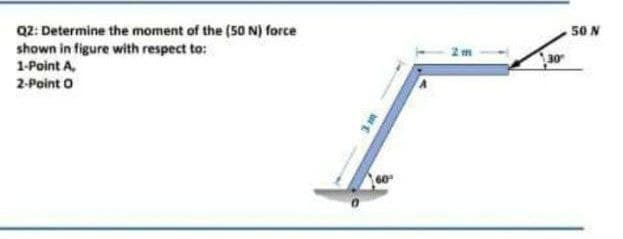 Q2: Determine the moment of the (50 N) force
50 N
shown in figure with respect to:
1-Point A,
2-Point o
60
