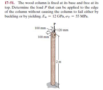 17-51. The wood column is fixed at its base and free at its
top. Determine the load P that can be applied to the edge
of the column without causing the column to fail either by
buckling or by yielding. Ew = 12 GPa, oy = 55 MPa.
100 mm
120 mm
100 mm"
2 m
