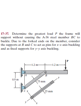 17-37. Determine the greatest load P the frame will
support without causing the A-36 steel member BC to
buckle. Due to the forked ends on the member, consider
the supports at B and C to act as pins for x-x axis buckling
and as fixed supports for y-y axis buckling.
-1.2 m-
-1.2 m-
0.9 m
75 mm
Ст
25 mm

