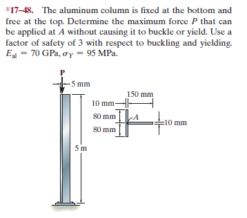 *17-48. The aluminum column is fixed at the bottom and
free at the top. Determine the maximum force P that can
be applied at A without causing it to buckle or yield. Use a
factor of safety of 3 with respect to buckling and yielding.
E = 70 GPa, oy = 95 MPa.
%3D
-5 mm
150 mm
10 mm--
80 mm
=10 mm
80 mm
5 m
