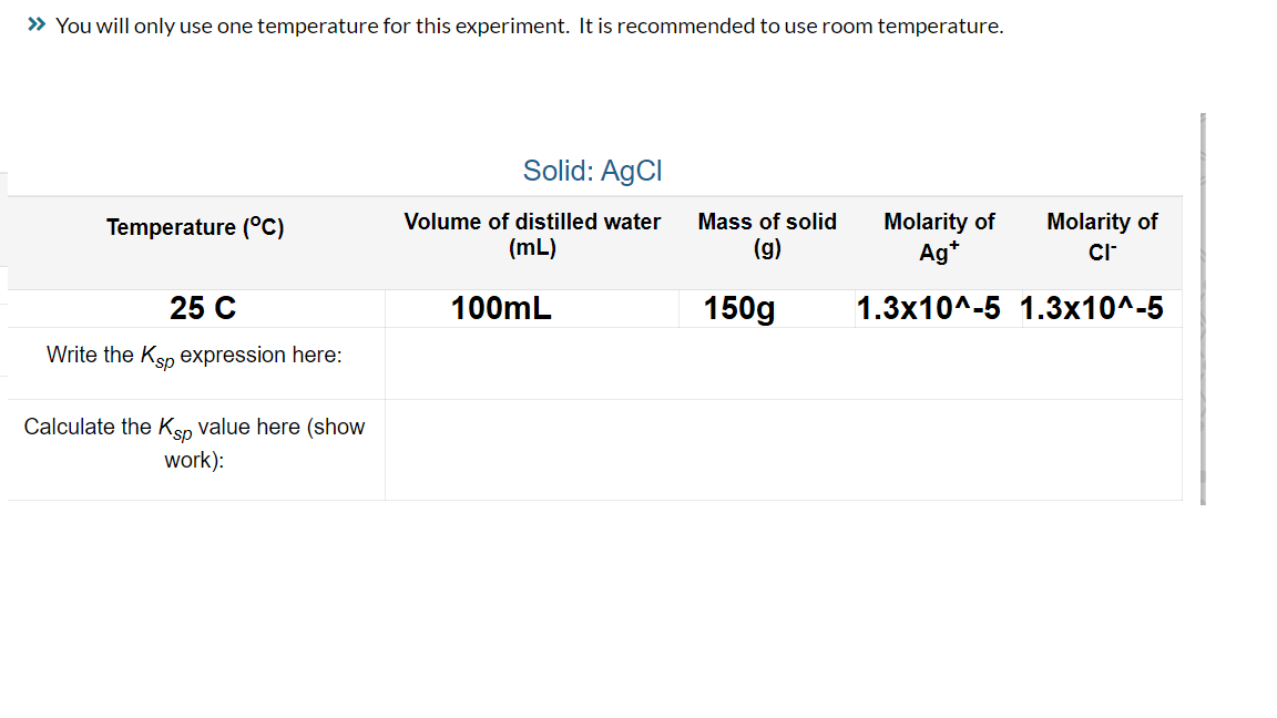 » You will only use one temperature for this experiment. It is recommended to use room temperature.
Temperature (°C)
25 C
Write the Ksp expression here:
Calculate the Ksp value here (show
work):
Solid: AgCl
Volume of distilled water
(mL)
100mL
Mass of solid
(g)
150g
Molarity of
Ag+
1.3x10^-5 1.3x10^-5
Molarity of
CI™