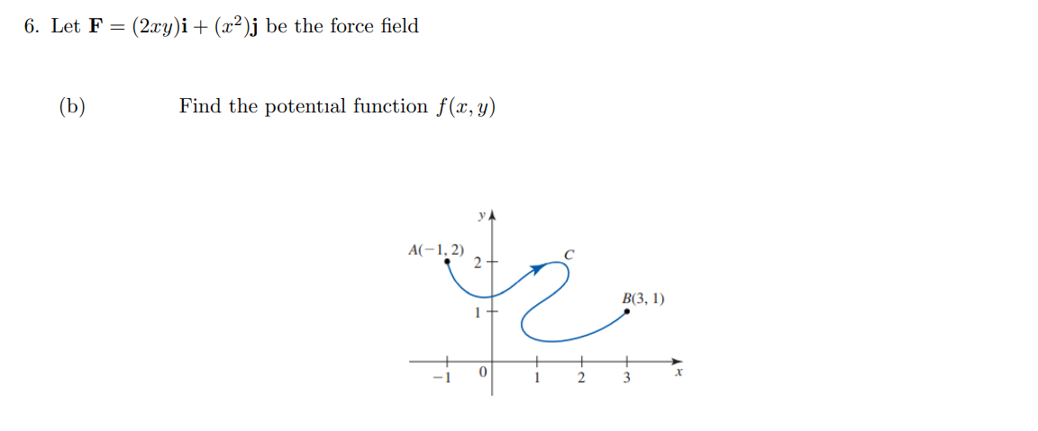 6. Let F = (2xy)i + (x²)j be the force field
(b)
Find the potential function f(x,y)
A(-1, 2)
В 3, 1)
1
3
