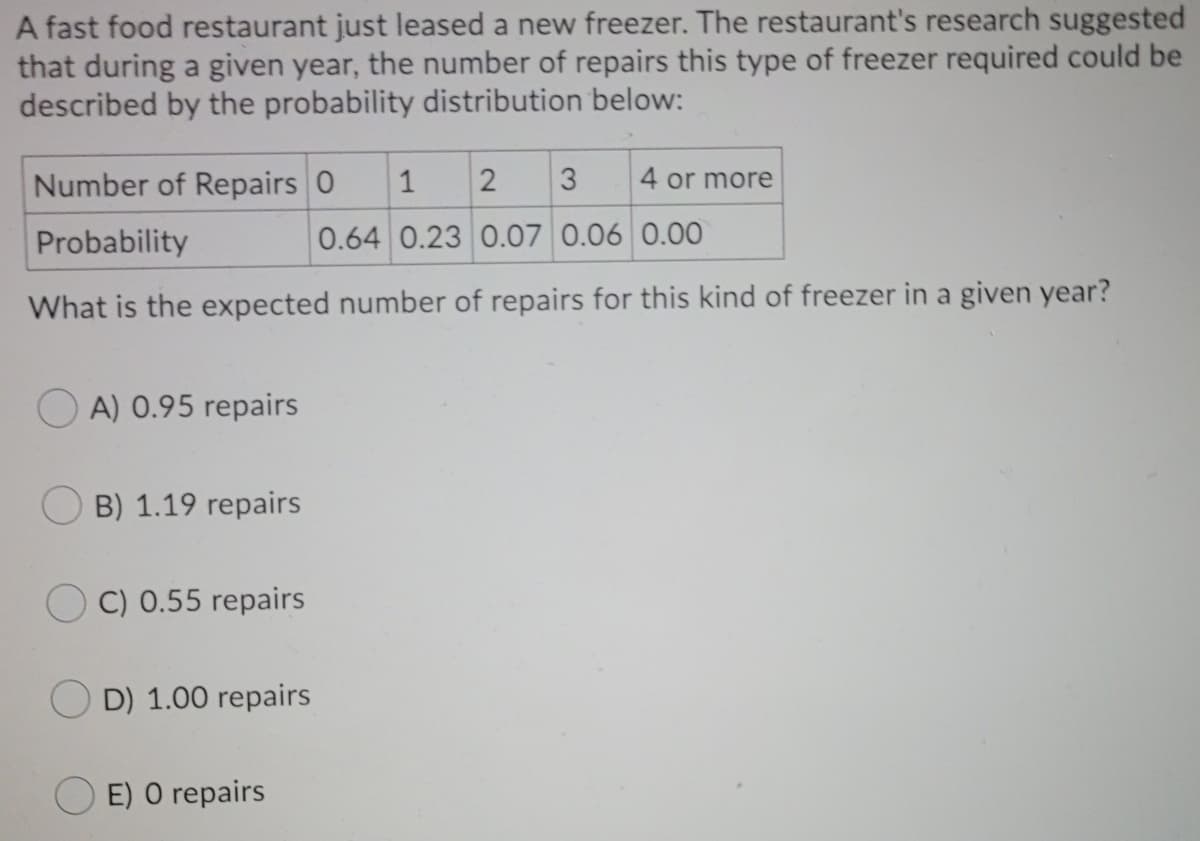 A fast food restaurant just leased a new freezer. The restaurant's research suggested
that during a given year, the number of repairs this type of freezer required could be
described by the probability distribution below:
Number of Repairs 0
1
2
3
4 or more
Probability
0.64 0.23 0.07 0.06 0.00
What is the expected number of repairs for this kind of freezer in a given year?
A) 0.95 repairs
B) 1.19 repairs
C) 0.55 repairs
O D) 1.00 repairs
E) O repairs
