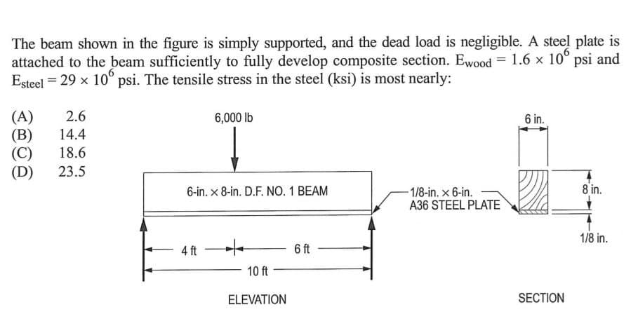 The beam shown in the figure is simply supported, and the dead load is negligible. A steel plate is
attached to the beam sufficiently to fully develop composite section. Ewood = 1.6 x 10°
Esteel = 29 x 10° psi. The tensile stress in the steel (ksi) is most nearly:
psi and
(A)
(B)
(C)
(D)
2.6
6,000 lb
6 in.
14.4
18.6
23.5
6-in. x 8-in. D.F. NO. 1 BEAM
8 in.
-1/8-in. x 6-in.
A36 STEEL PLATE
1/8 in.
4 ft
6 ft
10 ft
ELEVATION
SECTION
